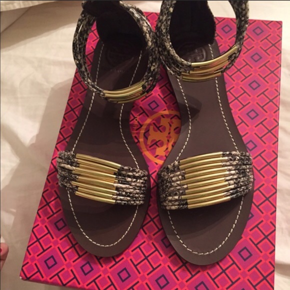 Tory Burch Shoes - Tory Burch Brown Snakeskin-Trim Sandals with Gold Accents